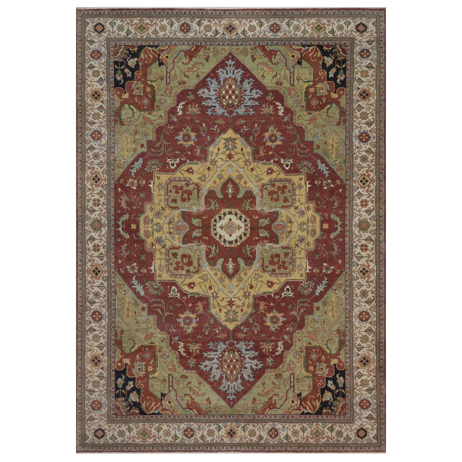10'x14'3" Barn Red, Antiqued Fine Heriz Re-Creation with Medallion Design, Hand Knotted, Hand Spun New Zealand Wool, Denser Weave, Vegetable Dyes, Oriental Rug 